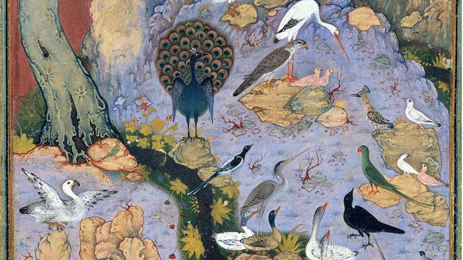 A painting of a number of different types of birds in a garden.