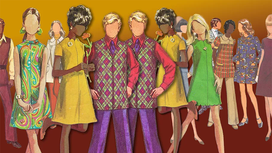 Illustration of a party of people in 60s outfits.