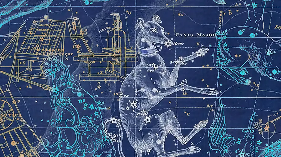 an Old World star chart depicting the constellation Canis Major, overlaid with the image of a dog.