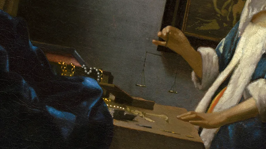 A Renaissance style painting depicting an image of someone weighing jewelry on a set of hand held scales.