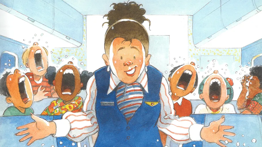 an illustration showing a bunch of children on a school bus crying, with a teacher looking bemused in the foreground.