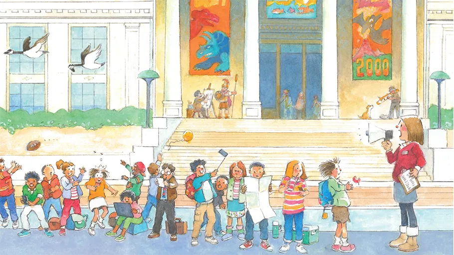 A teacher and some school children outside a museum.