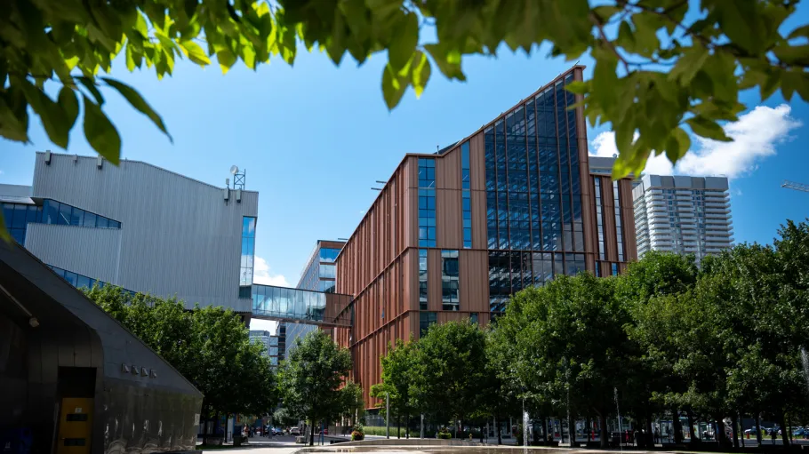 Exterior shot of the Waterfront Campus looking west.