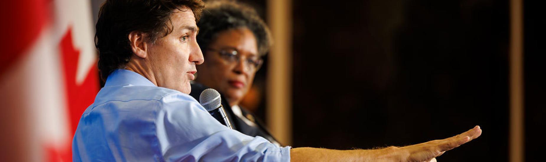 Prime Ministers Justin Trudeau and Mia Mottley at George Brown College