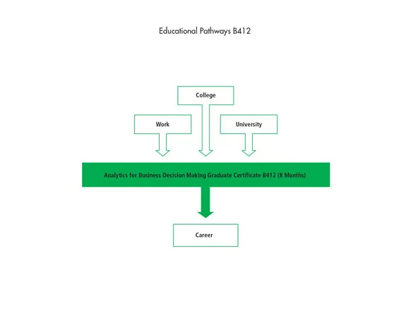 There are many pathways into the Analytics for Business Decision Making Graduate Certificate B412 program including work, college programs and university programs. After graduating from the program, students can begin their career.