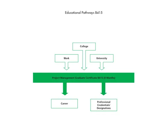There are many pathways into the Project Management Graduate Certificate B415 program including work, college programs and university programs. After graduating from the program, students can begin their career or further their education through professional credentials or designations.