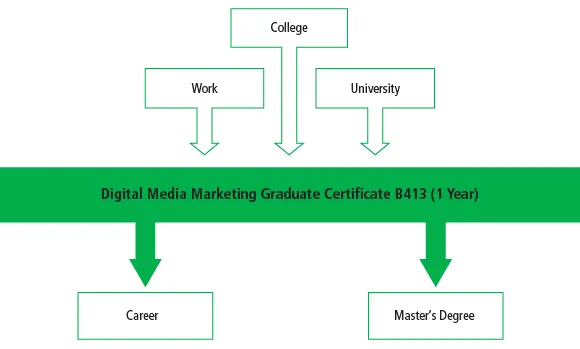 There are many pathways into the Digital Media Marketing Graduate Certificate B413 program including work, college programs and university programs. After graduating from the program, students can begin their career or some may chose to take a master's program.