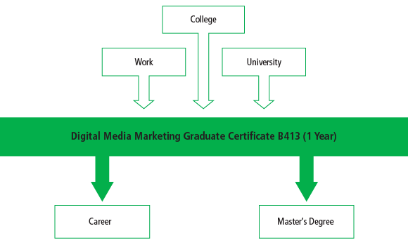 There are many pathways into the Digital Media Marketing Graduate Certificate B413 program including work, college programs and university programs. After graduating from the program, students can begin their career or some may chose to take a master's program.