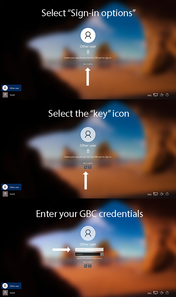 An infographic of the steps to login. 1. Select "Sign-in options"; 2. Select the "key" icon; 3. Enter your GBC credentials