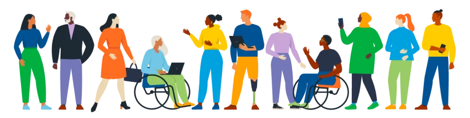 An illustration of students and teachers of all different ethnicities, ages, genders, exceptionalities and religions