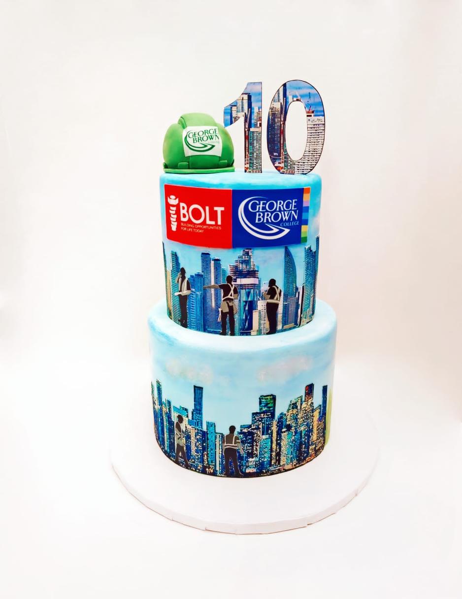 A photo of a cake celebrating 10 years' of partnership between GBC and BOLT