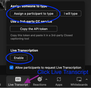 Zoom for Faculty - Enable Close Captioning - Assign a participant to type and then click on Enable and Live Transcript