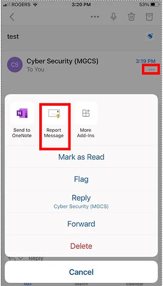 Mobile view of reporting phishing in Outlook