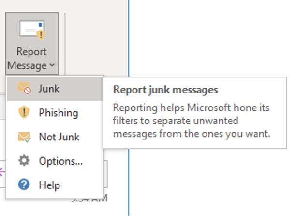 Outlook option to report Junk emails