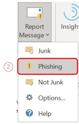 A screenshot of the phishing reporting button in Outlook