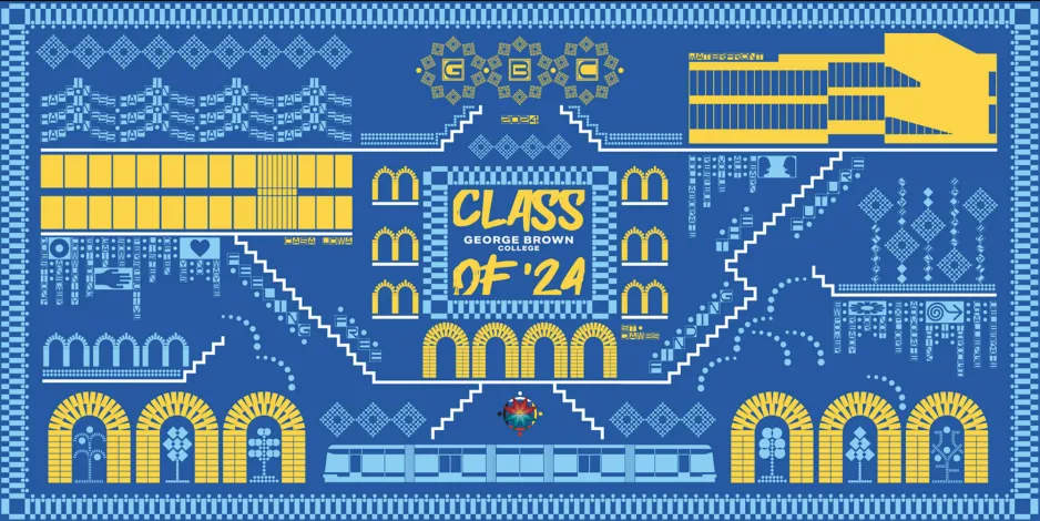 A mural for 2024 convocation created by Graphic Design student Ben Luu