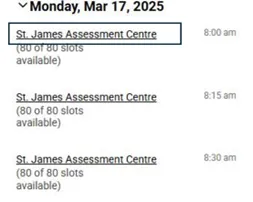 A screenshot of the Check Availability screen that shows all available testing time slots based on the parameters the user enters from the previous step.