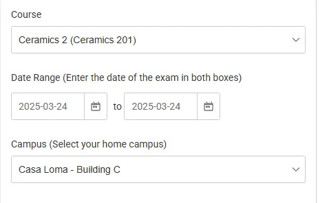 Screenshot of the Test Booking form for students.