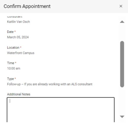 confirm appointment with optional notes field