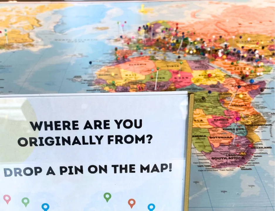 A world map filled with colourful pins