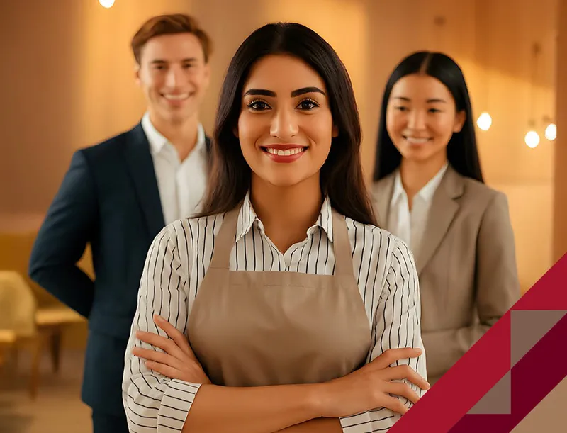 A woman with long brown hair and arms crossed wearing an apron stands in front of two other people