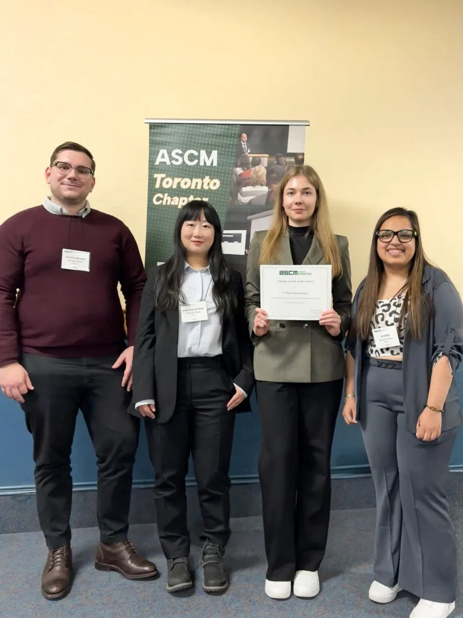 Four George Brown students hold their third place certificate at the 2025 ASCM competition 