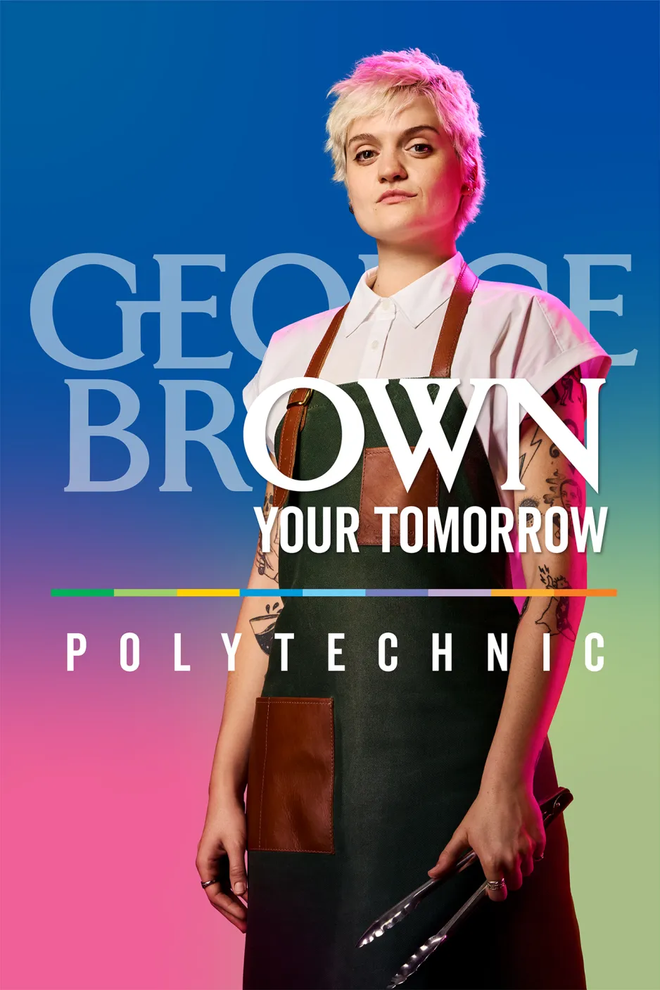 A student with short blond hair wears an apron and holds tongs with George Brown Your Tomorrow text overlayed