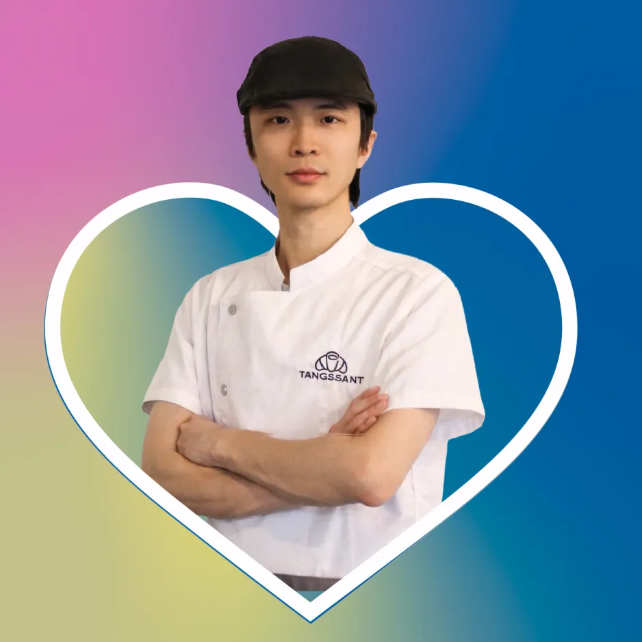 Zhaofeng Huang in a heart shaped cutout against a gradient background
