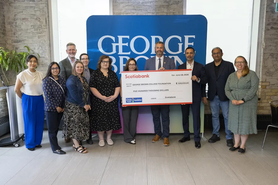 George Brown Polytechnic and Scotiabank representatives pose with a ceremonial $500,000 cheque for the George Brown College Foundation.