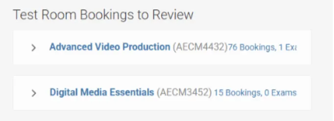 screenshot of the Test Room Bookings to review.