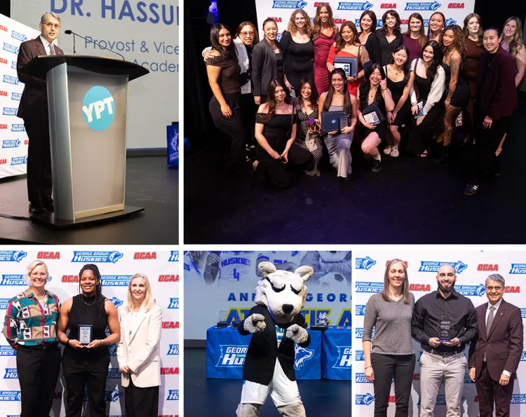 An image grid of Dr. Malik with athletes at the awards event, Dr. Malik speaking, and Helder the Husky on stage