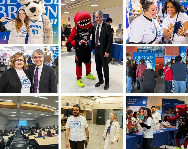 An image grid of open house activities with Dr. Malik including students, guests, Julia Hanisburg, and Helder the Husky