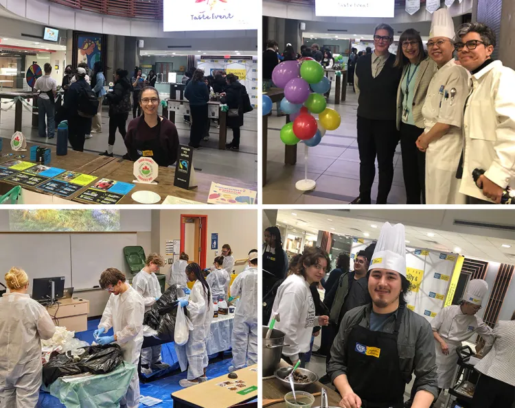 Image grid of snapshots from the Waste and Taste event showing students at work, serving food, and leadership and chefs