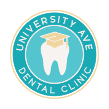 The logo for University Ave Dental Clinic is a circle that has a tooth wearing a graduation cap in the middle.