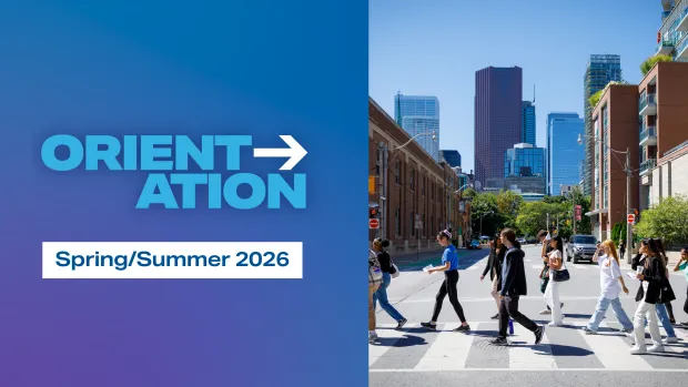 Graphic for Orientation, Spring/Summer 2026, includes a picture of students walking at a crosswalk on a campus tour.