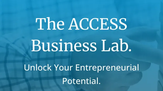 blue backgrowund with The Access Business Lab in writing
