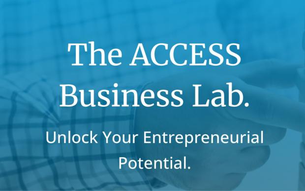 blue backgrowund with The Access Business Lab in writing