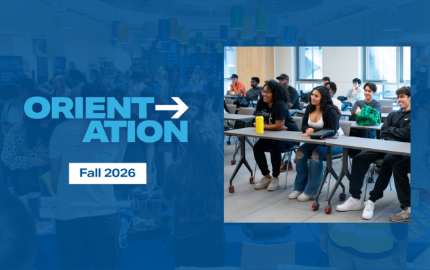 A graphic for Fall 2026 Orientation, which features a picture of students sitting at rows of tables in a classroom.
