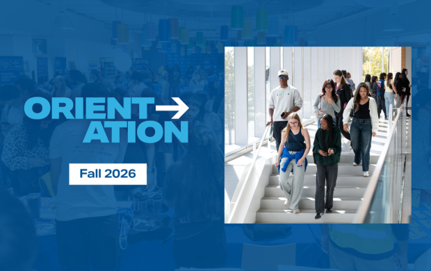 A graphic for Fall 2026 Orientation that features a picture of students walking down a stairwell.