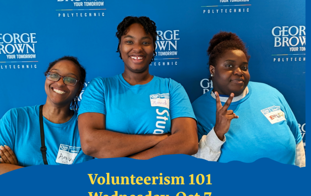 Event poster for Volunteerism 101 includes a picture of three students standing shoulder to shoulder in their Volunteer t-shirts, posing for the camera.
