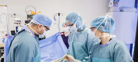 A group of post-RN students working together in a surgical scenario, Nurse passing instrument, Nurses observing high-fidelity mannequin, Operating Room, Stimulation Centre, Daphne Cockwell Centre for Health Sciences.