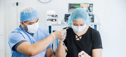 2 students working in health sciences simulation centre