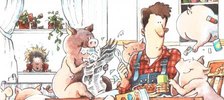 Munsch Time illustration of Dad and pigs in a kitchen