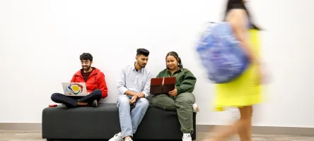 Three seated students on a bench looking at their laptops