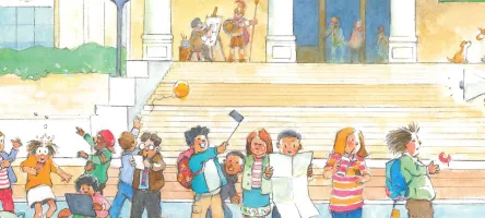 An illustration showing a line of rambunctious children outside a museum, while a teacher using a megaphone tries to restore order to the children.