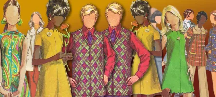 An illustrated image of people at a party, dressed in 1960s clothing.