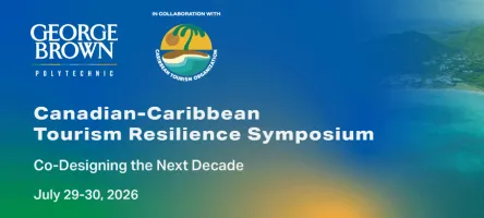 A beach with bright blue waters and decorative graphics with the text Caribbean-Canadian Tourism Resilience Symposium