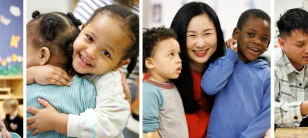 Four image collage of students and children in George Brown lab school centres playing and smiling.
