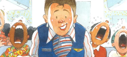 Illustration showing a school bus full of crying children and a bemused teacher in the foreground.